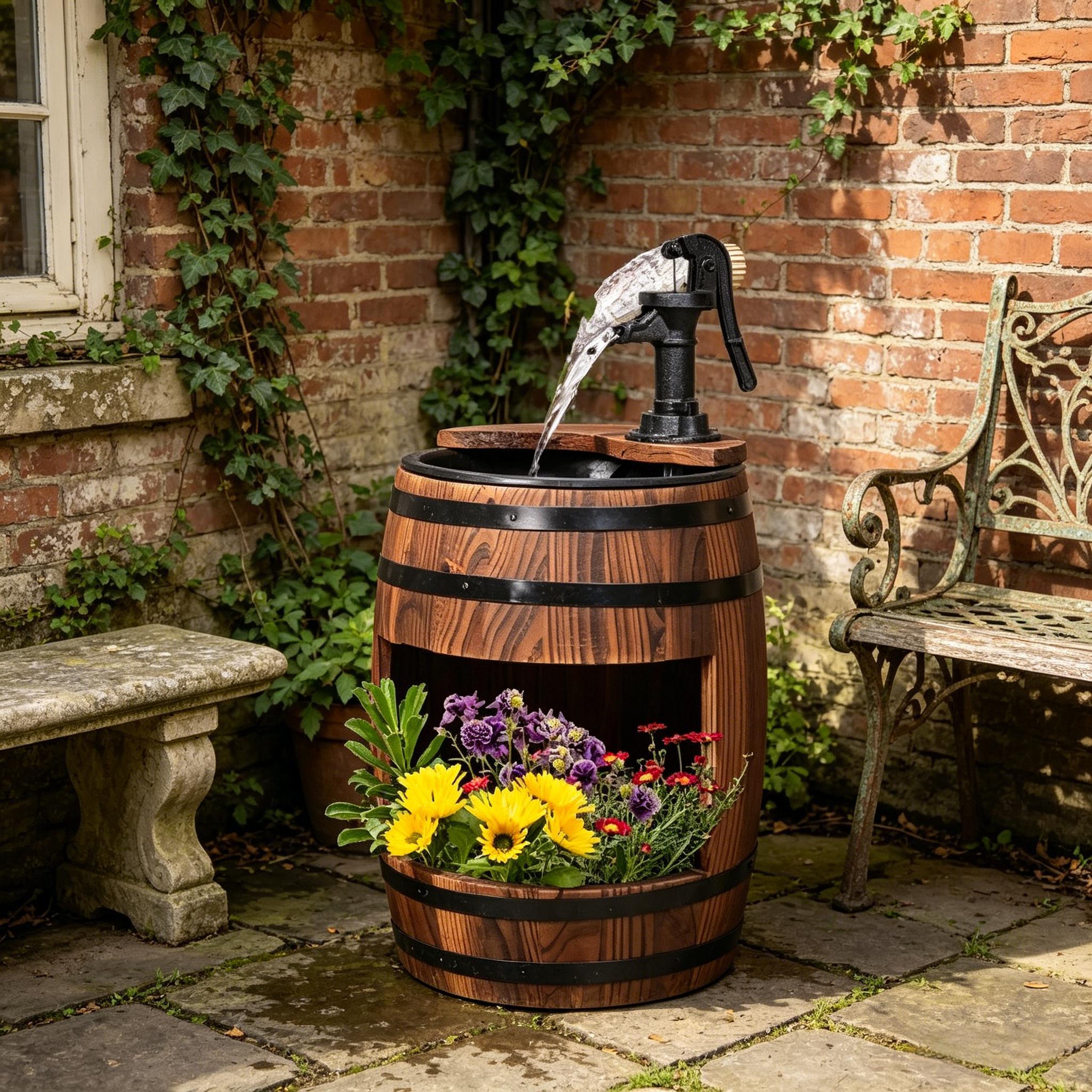 Wood and Iron Barrel Pump Fountain Planter 23 Inch on patio