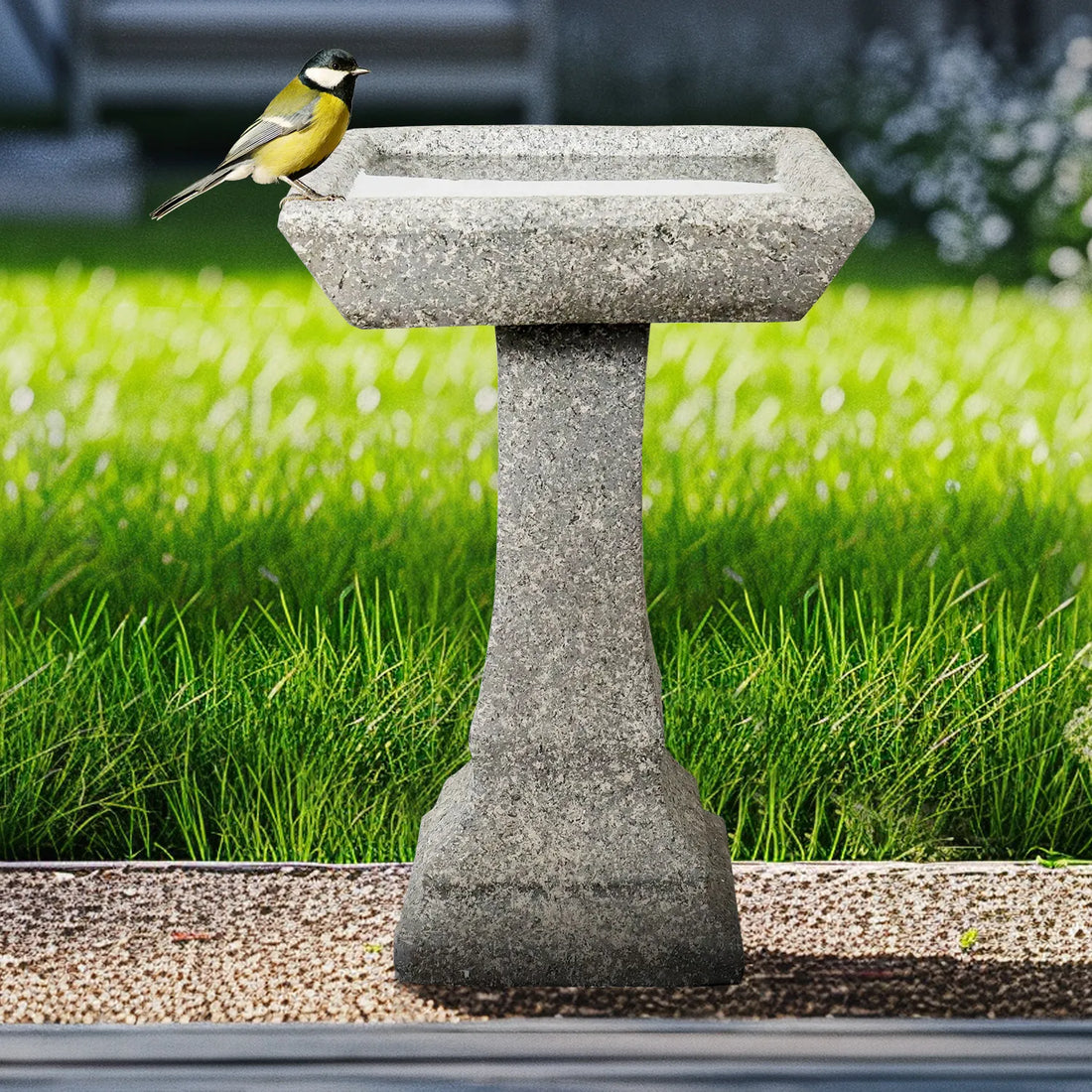 22.8" tall modern concrete pedestal birdbath in a minimalist garden
