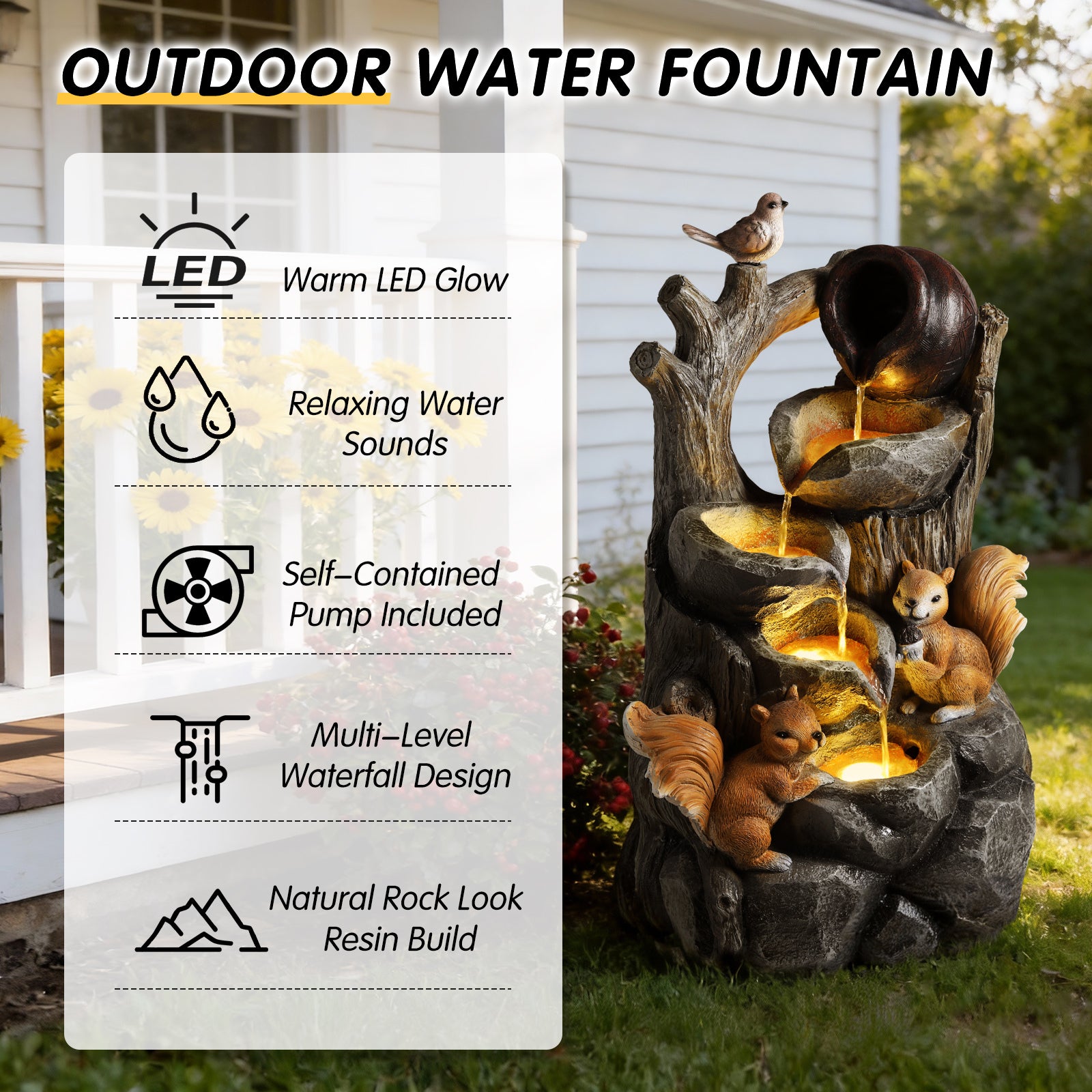 Resin Squirrel Tree Stump Outdoor Fountain 30 Inch on patio