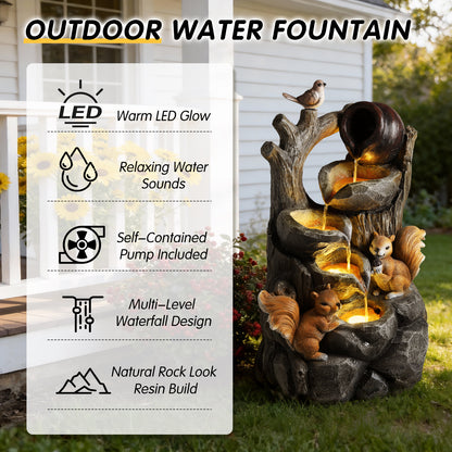 Resin Squirrel Tree Stump Outdoor Fountain 30 Inch on patio
