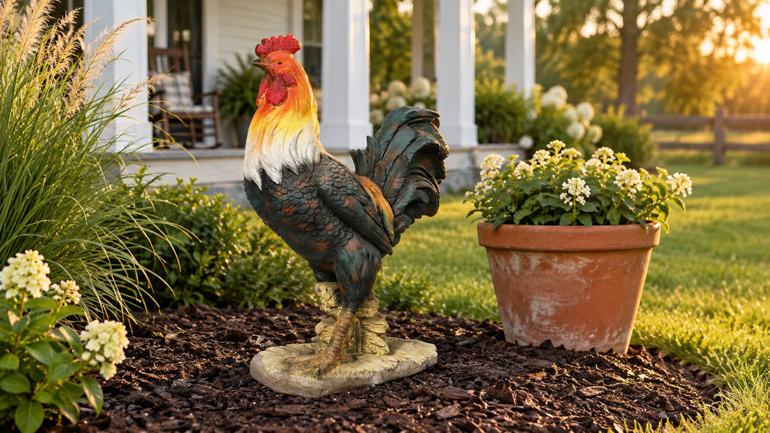 Hand painted concrete rooster statue in a bark mulch bed beside a terracotta pot