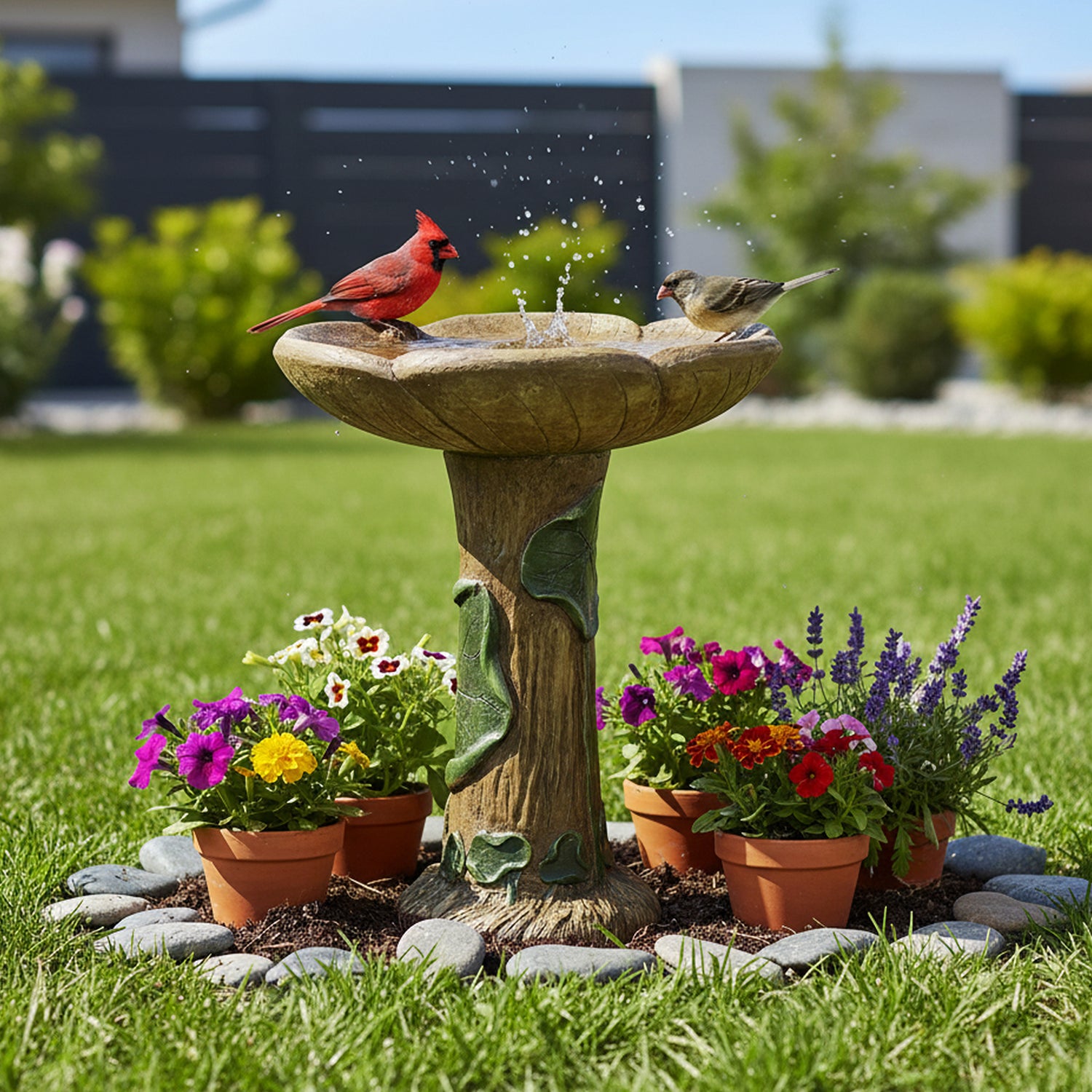 23.6"H garden bird bath with green vines acting as a charming focal point on a manicured lawn.