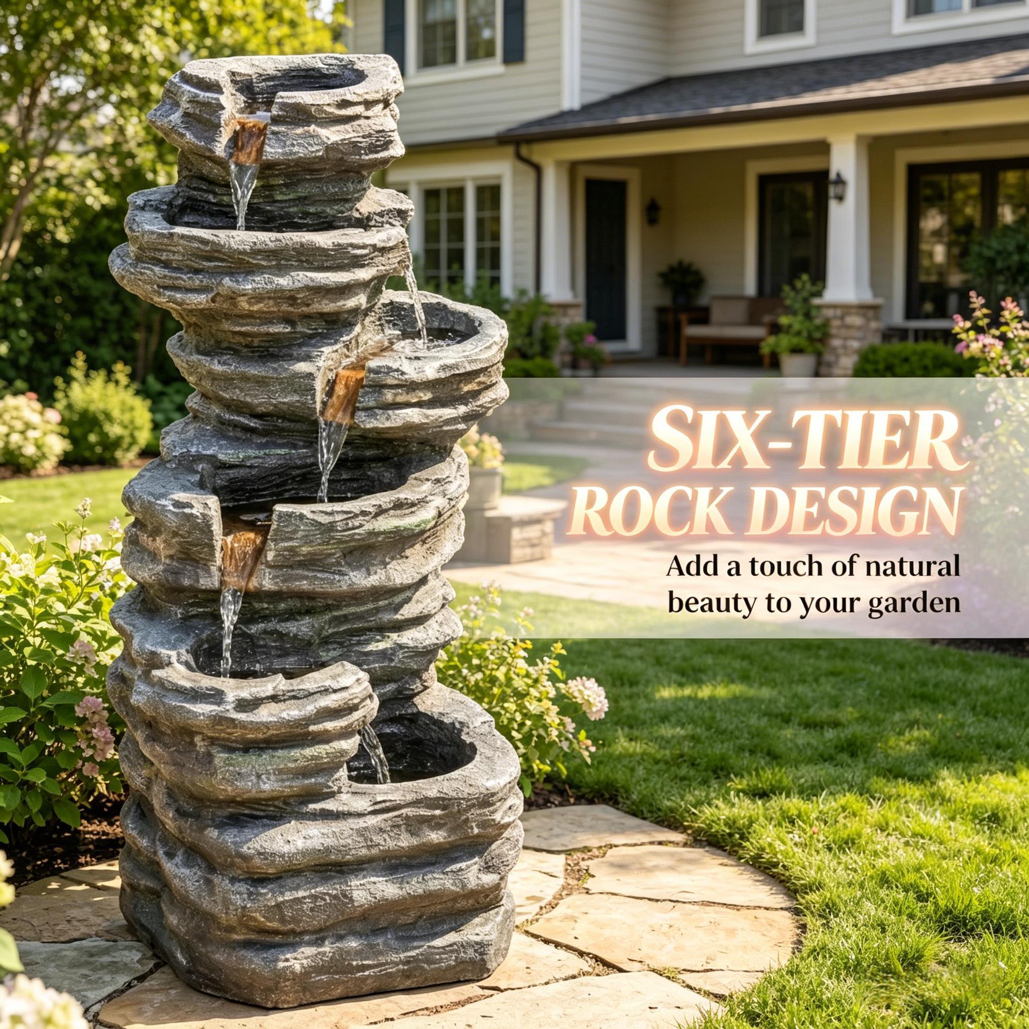 Resin 6 Tier Rock Cascade Outdoor Fountain 40 Inch LED lit at night