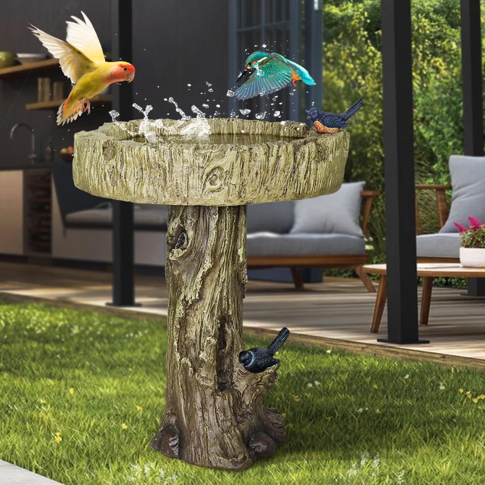 24.4 Inch Fiber Concrete Tree Trunk Bird Bath - Full View