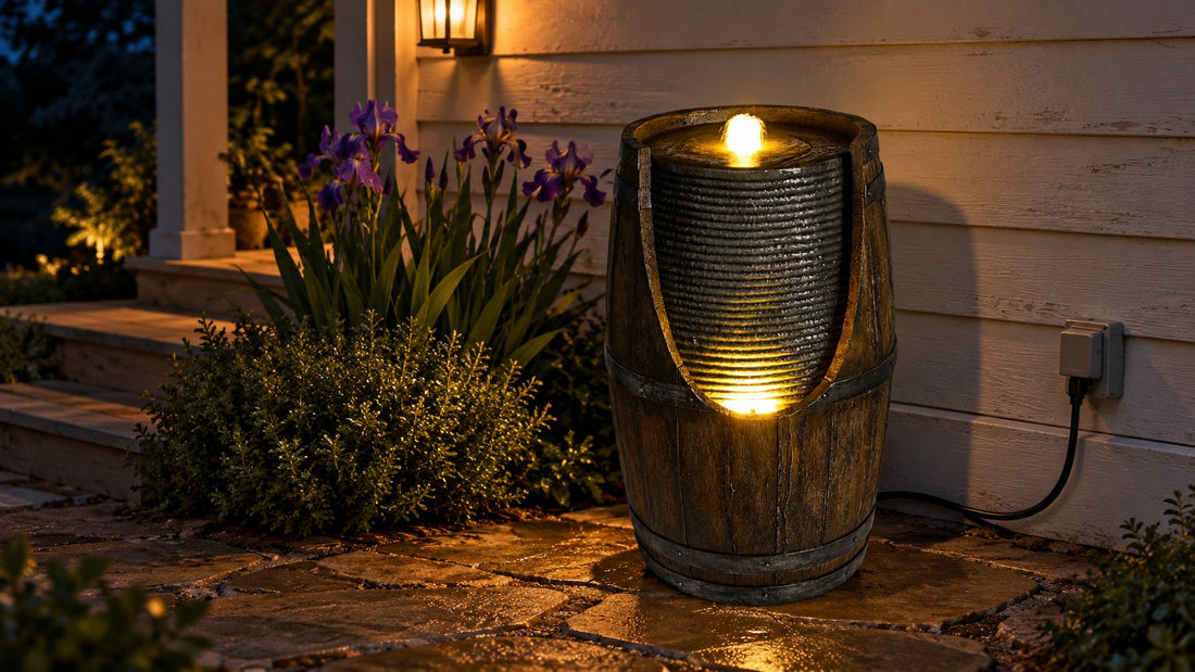Barrel fountain lit from within after dark on a stone landing, power cord running to an outdoor wall outlet