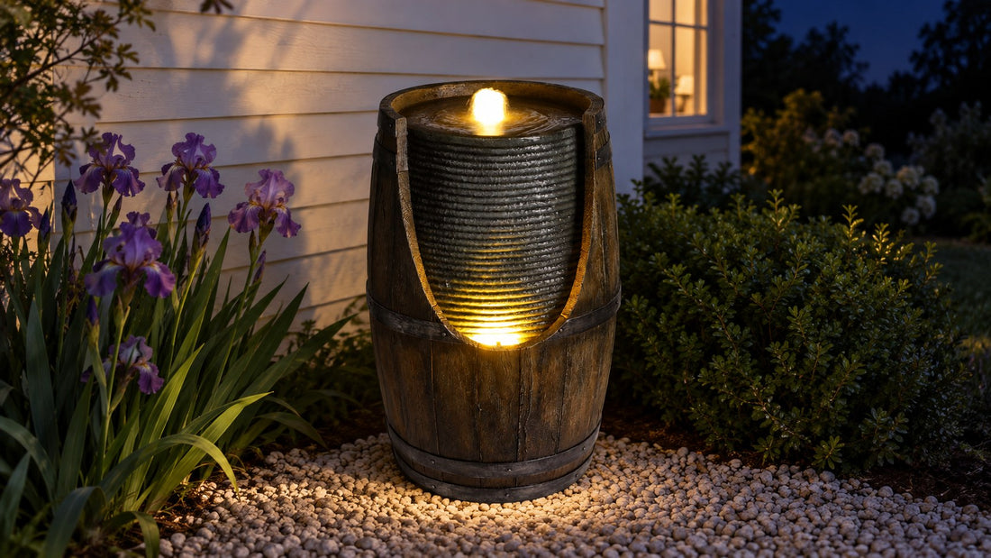 Oak barrel fountain glowing warm at night on gravel beside purple irises