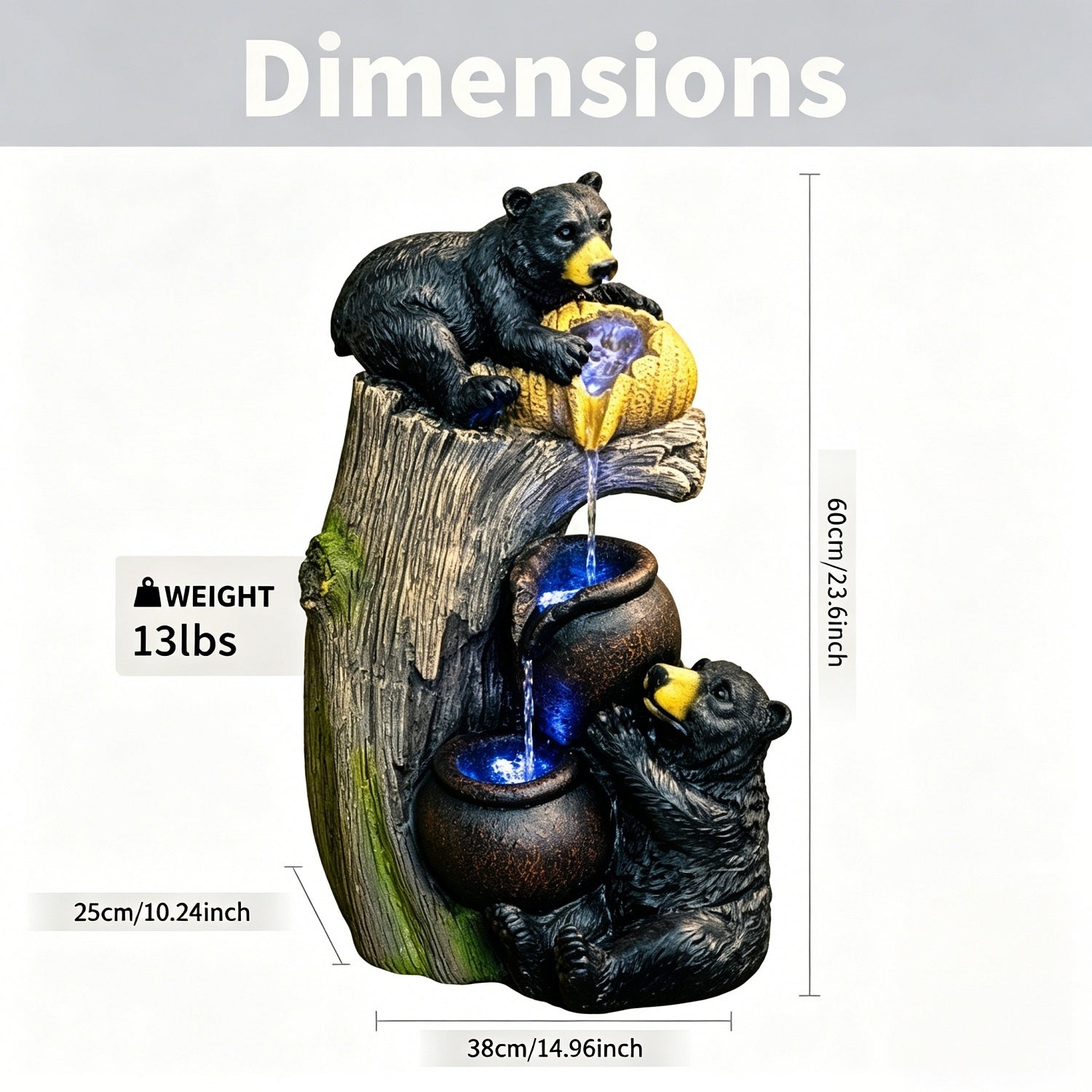 Resin Black Bear Outdoor Water Fountain LED lit at night