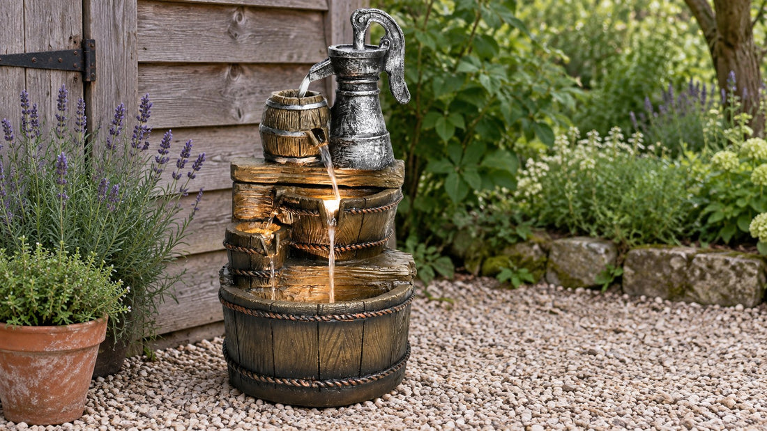 Cast iron pump and stacked barrel fountain running on gravel beside a weathered shed wall