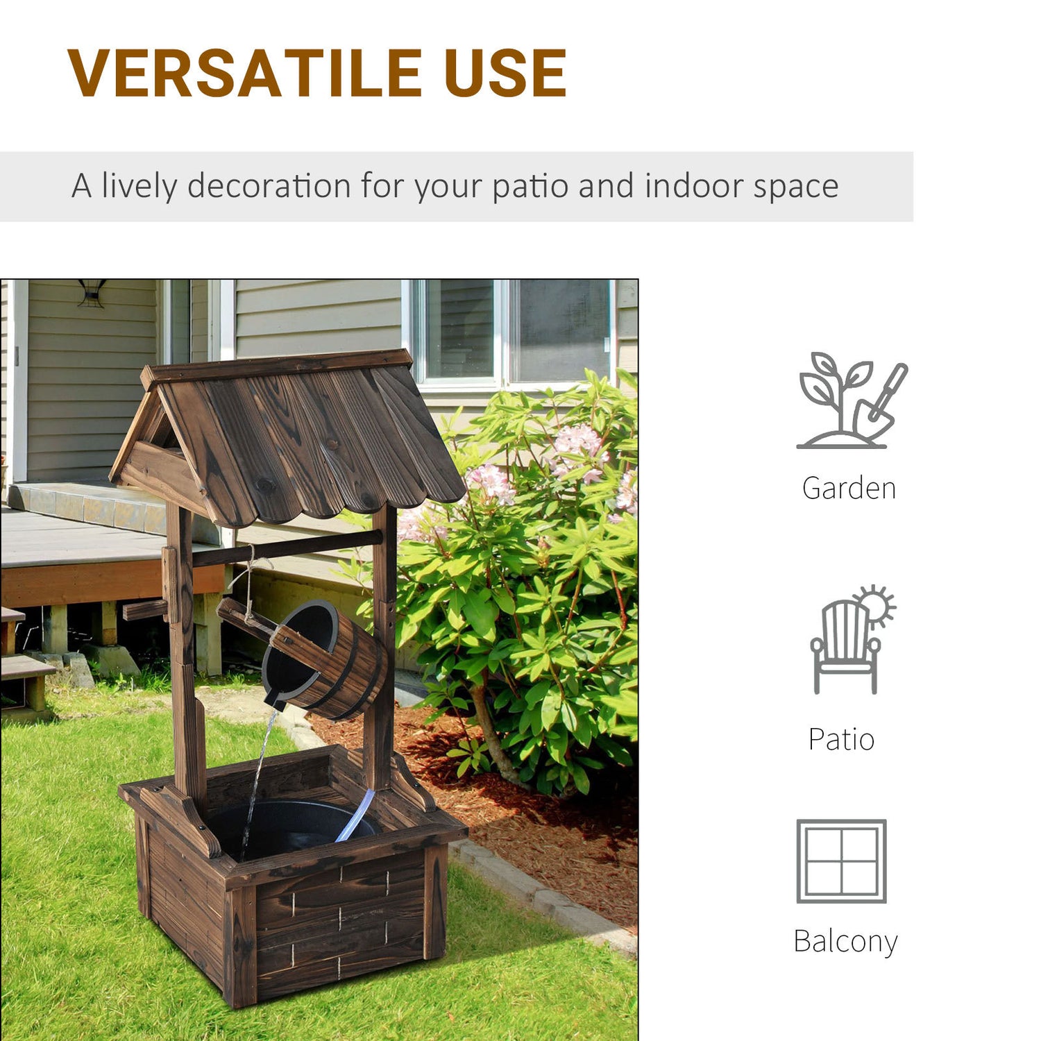 Carbonized Wood Wishing Well Outdoor Fountain 44 Inch material texture detail