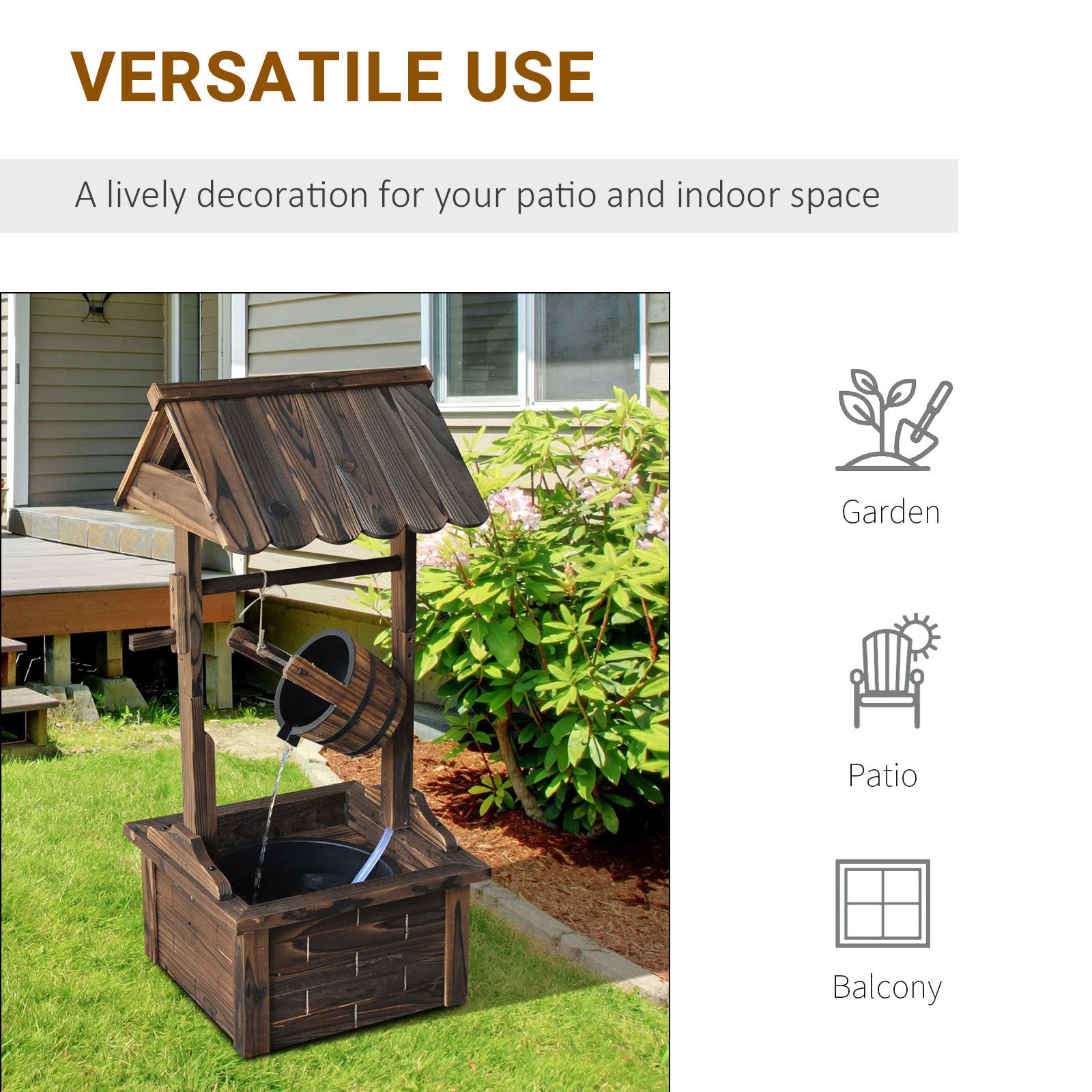 Carbonized Wood Wishing Well Outdoor Fountain 44 Inch material texture detail