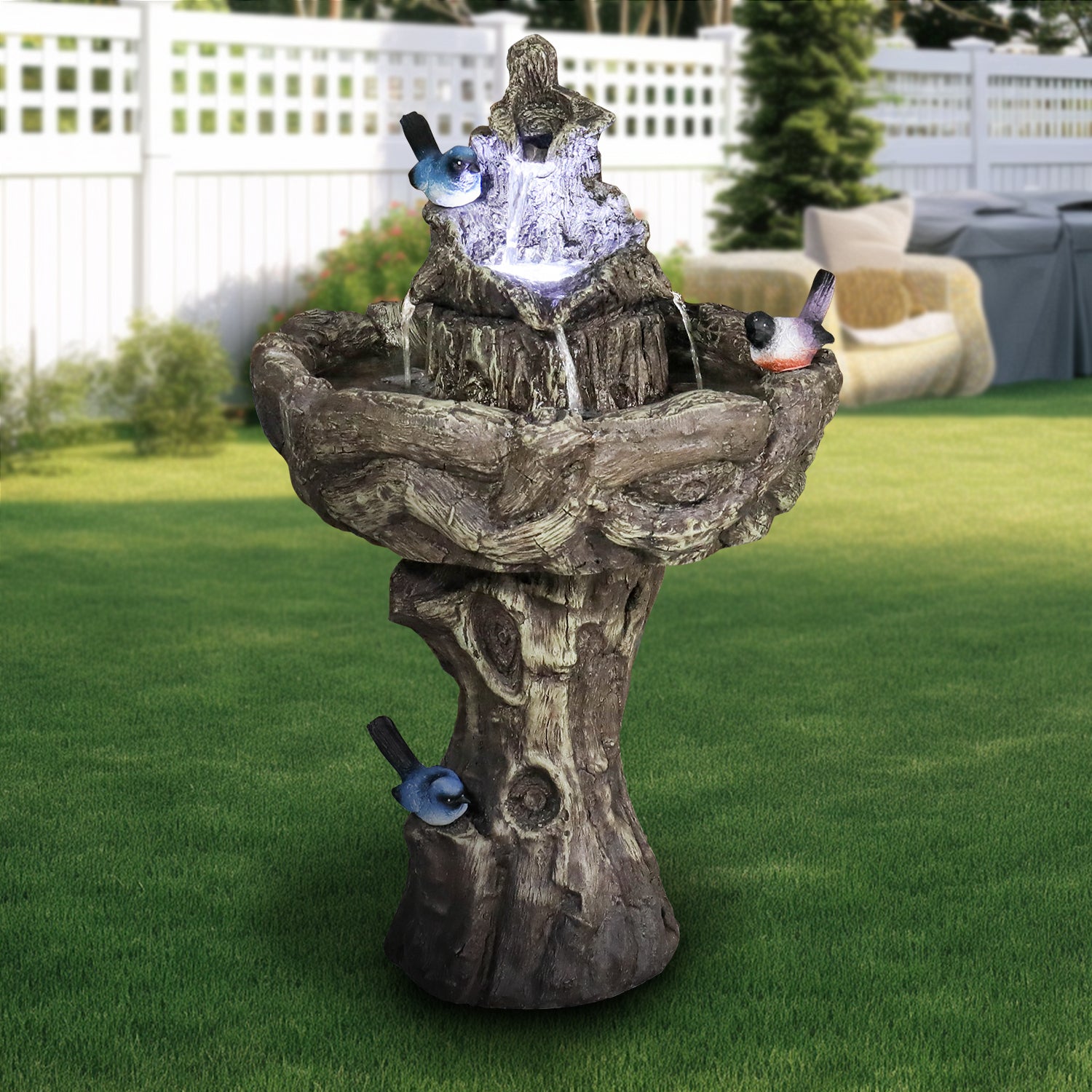 26.7”H 2-Tiered Birdbath Fountain with Three Birds