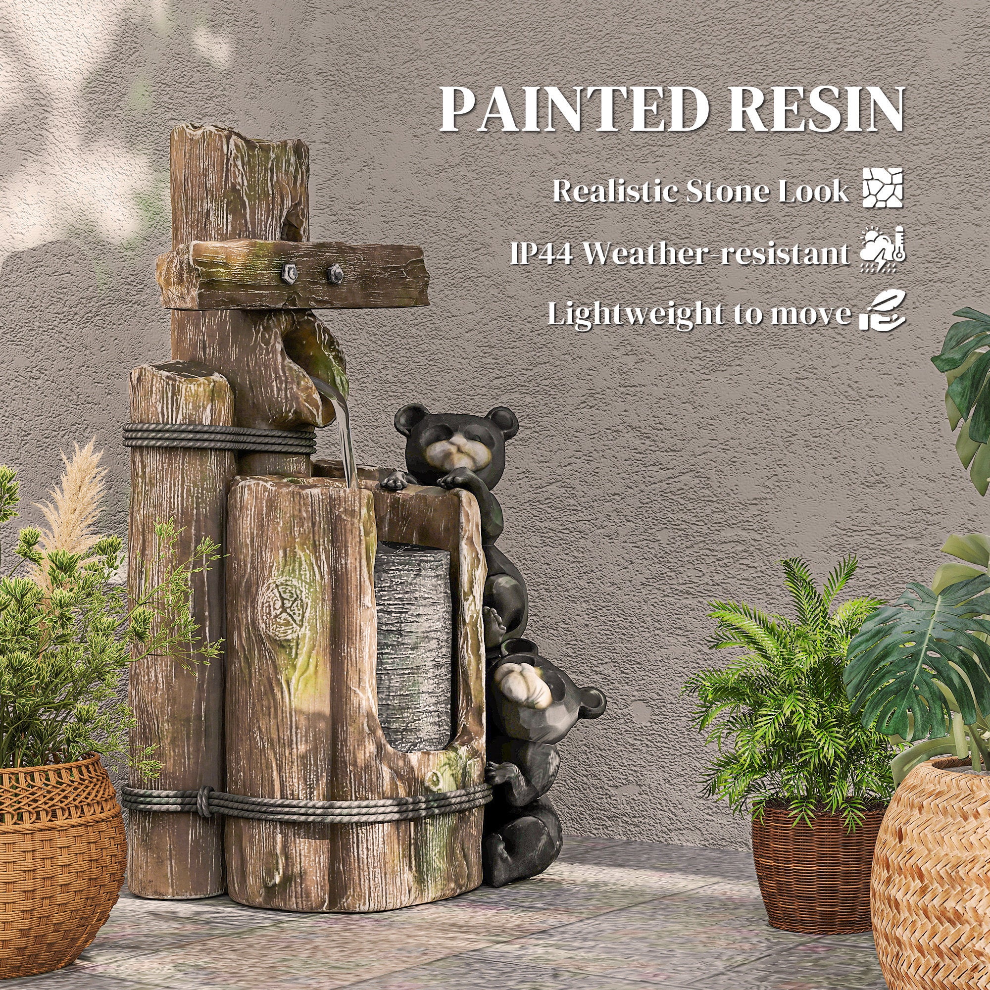 Resin Bear Fountain Two Cubs on Timber Post on patio