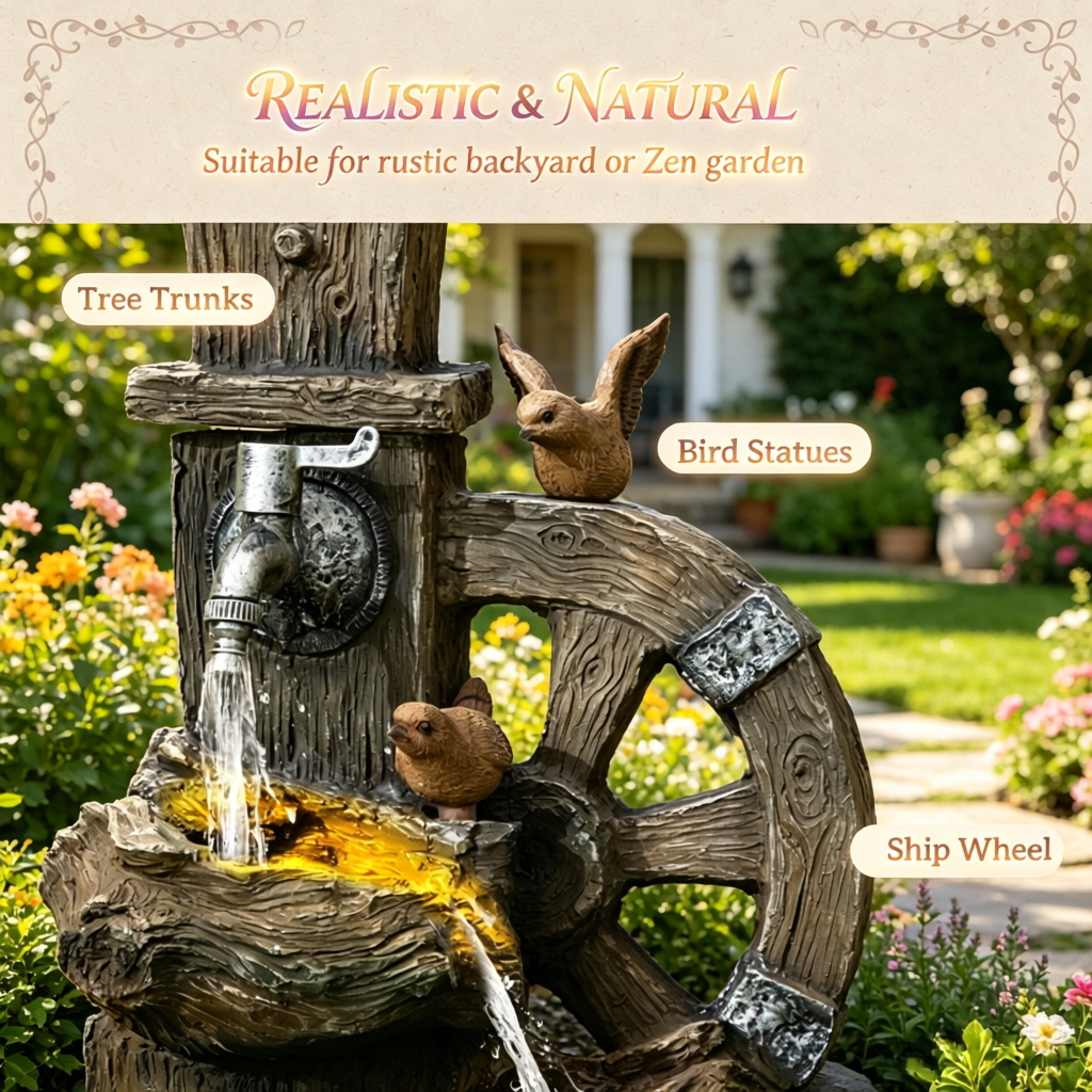 Resin Rustic Outdoor Fountain Birdhouse and Iron Tap material texture detail