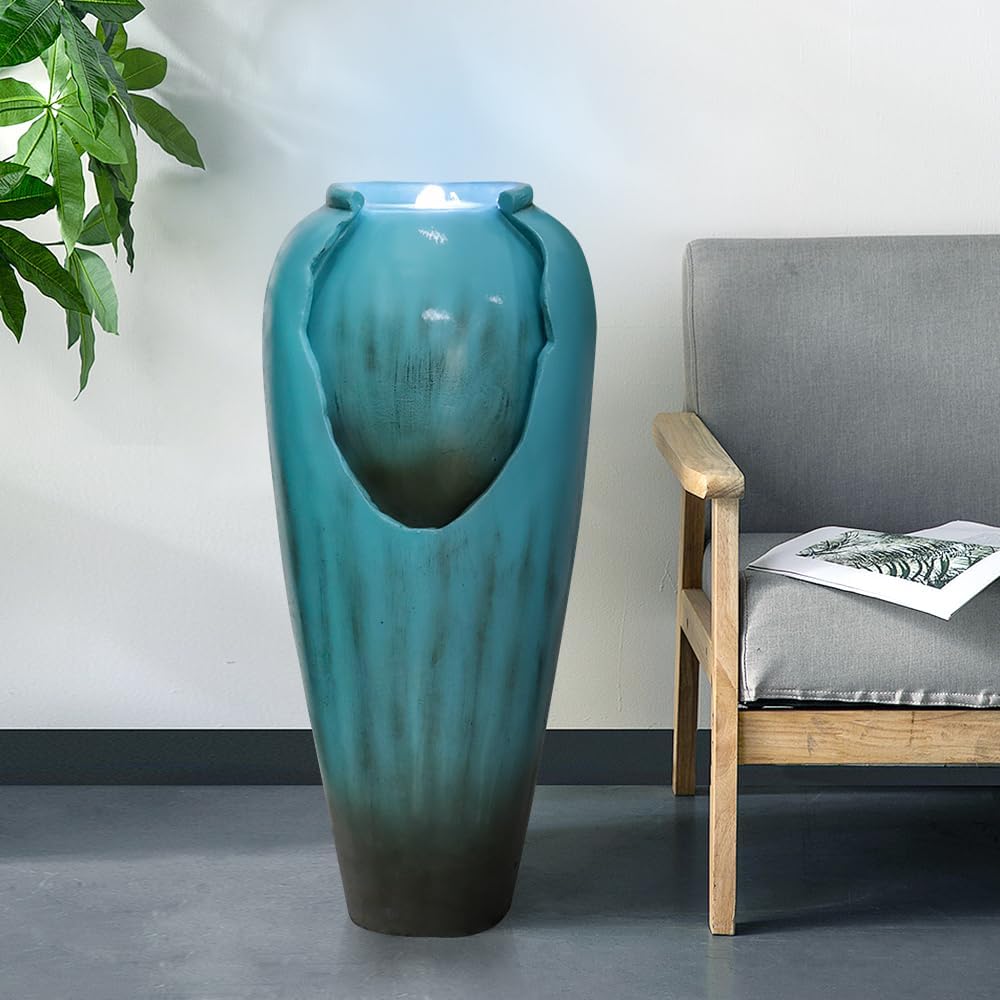 Resin Glazed Cutout Urn Outdoor Water Fountain 30 Inch close up of water flow