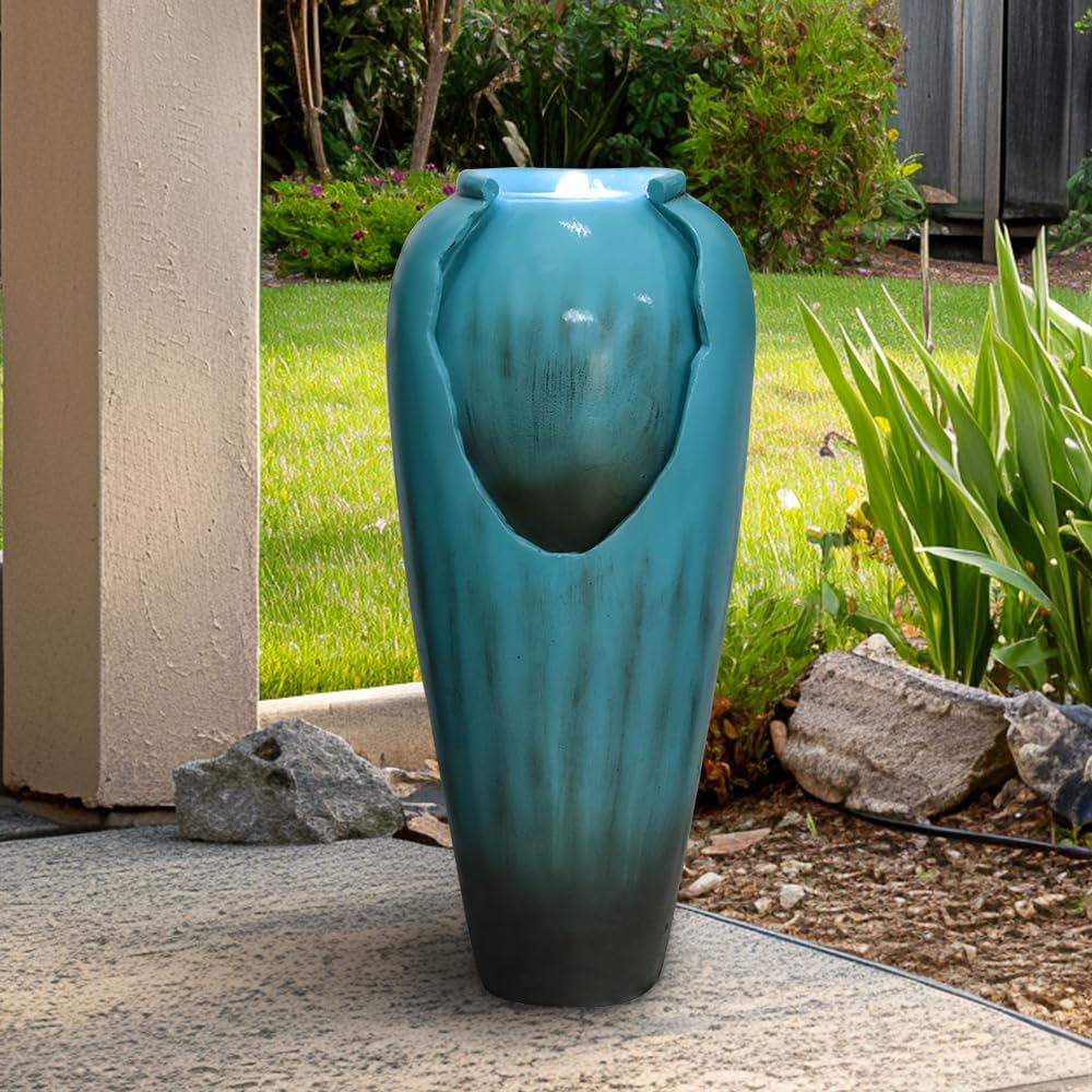 Resin Glazed Cutout Urn Outdoor Water Fountain 30 Inch in garden setting
