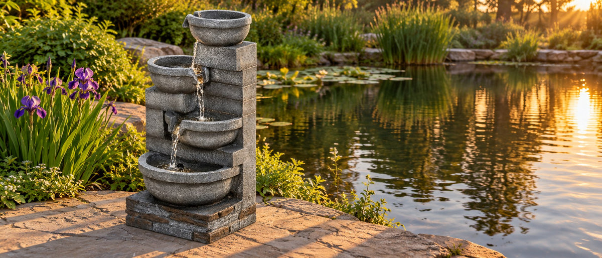 Offset grey bowls pouring past each other at the edge of a garden pond at sunset, iris in the foreground