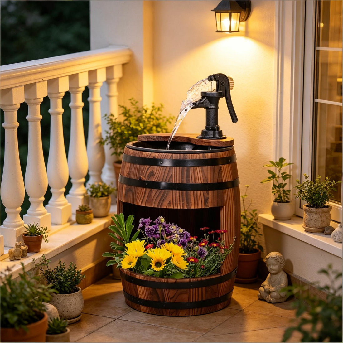 Wood and Iron Barrel Pump Fountain Planter 23 Inch