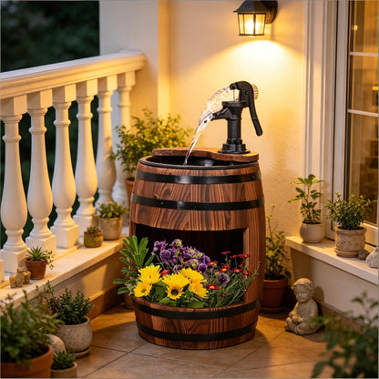 Wood and Iron Barrel Pump Fountain Planter 23 Inch