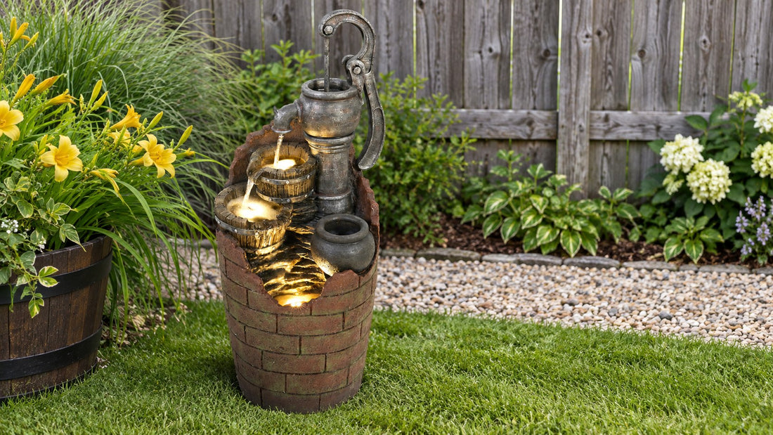 Cast iron hand pump fountain with lit basins on a brick drum, standing on grass beside a weathered board fence