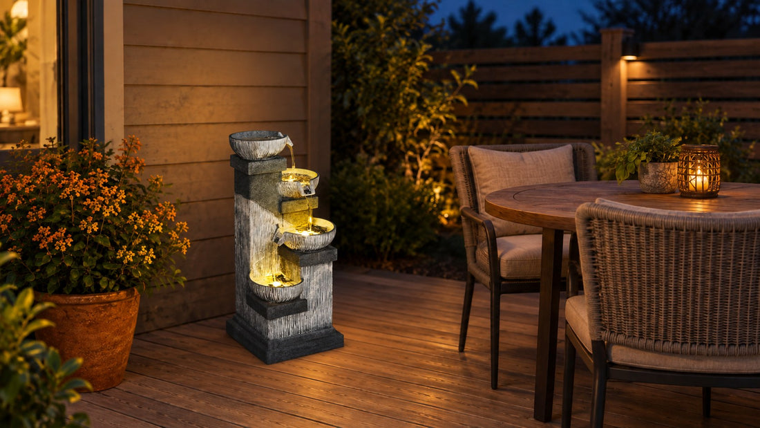 Charcoal bowl tower fountain lit at night on a deck beside outdoor dining chairs