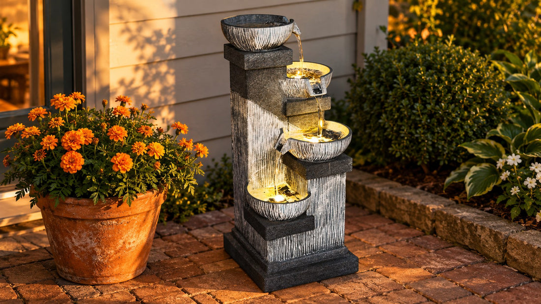 Four stacked bowls overflowing one into the next on a lit column, beside a terracotta pot of marigolds