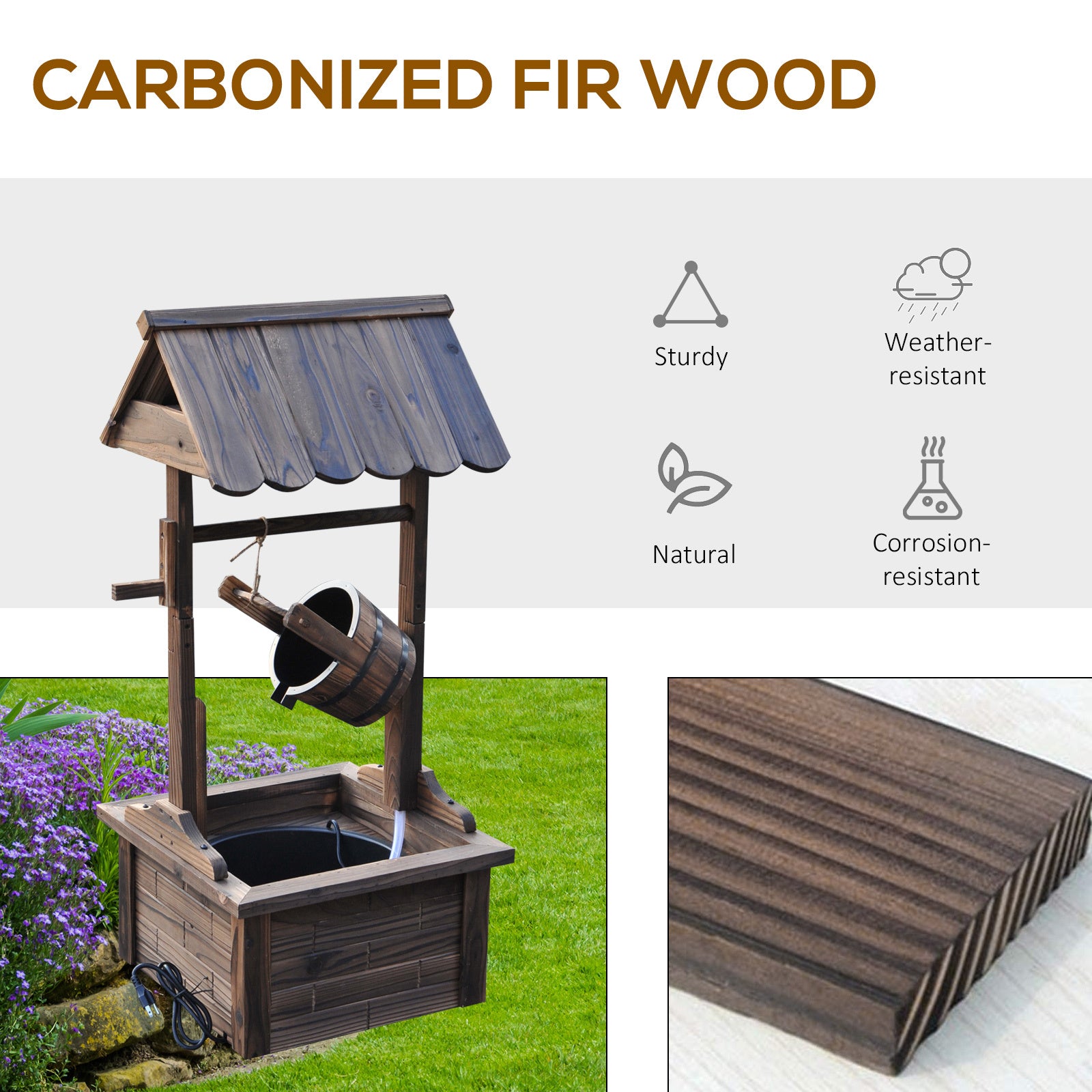 Carbonized Wood Wishing Well Outdoor Fountain 44 Inch dimensions and size