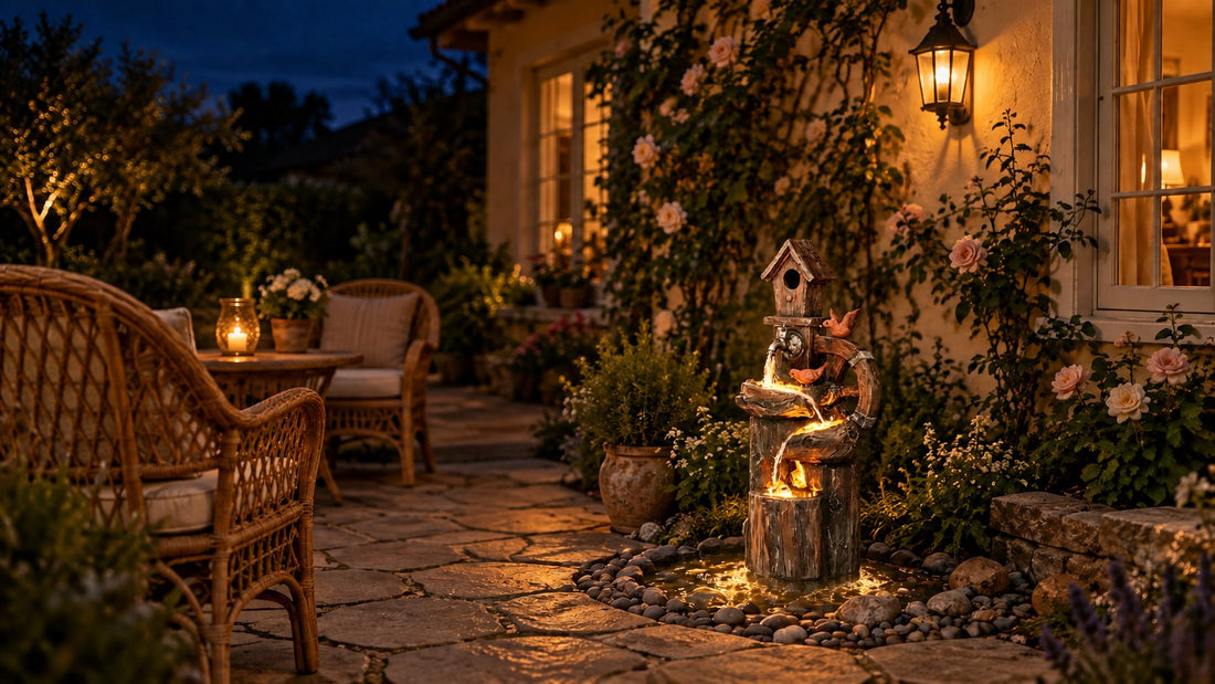 Birdhouse and stacked log fountain lit warm at night on a stone patio