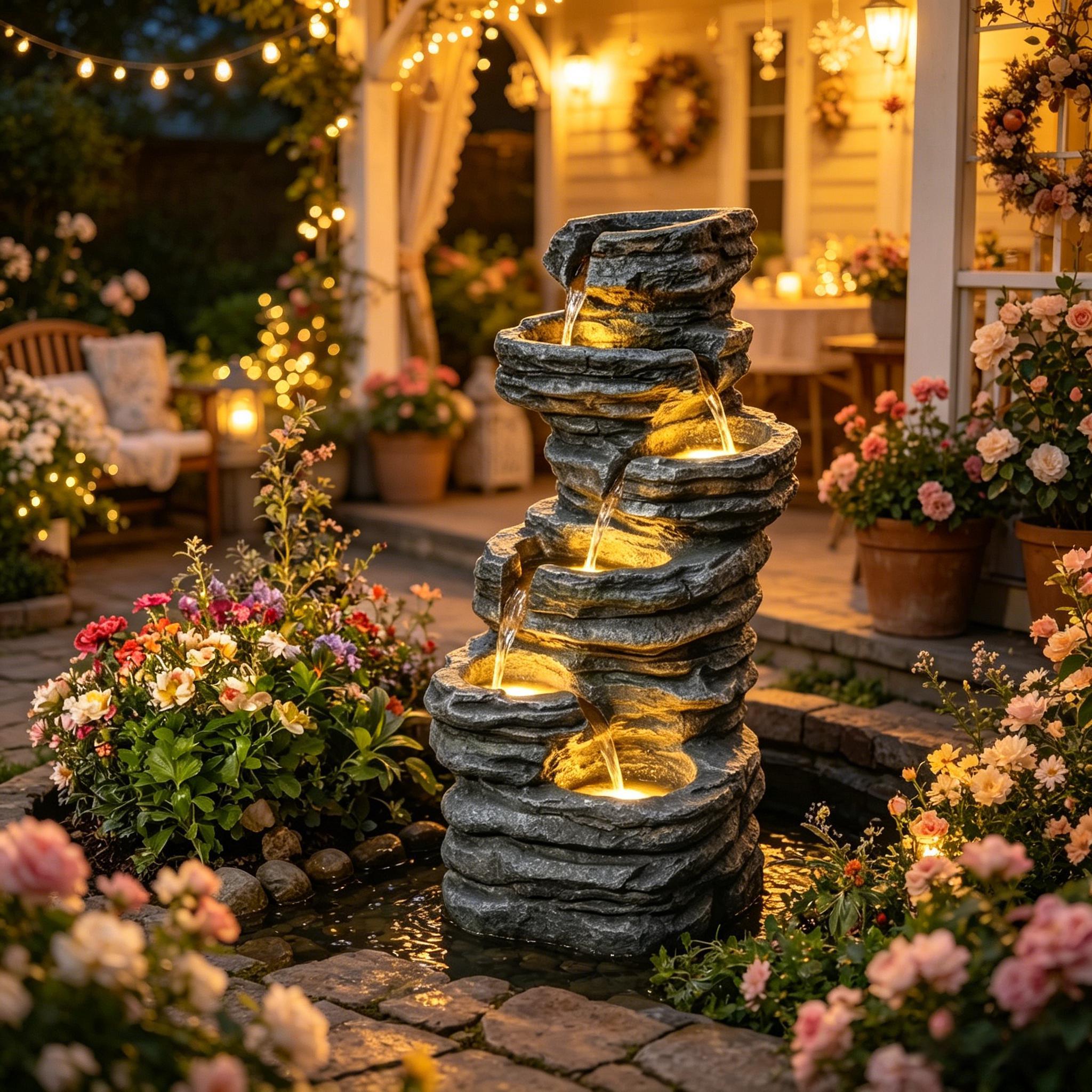 Resin 6 Tier Rock Cascade Outdoor Fountain 40 Inch on patio
