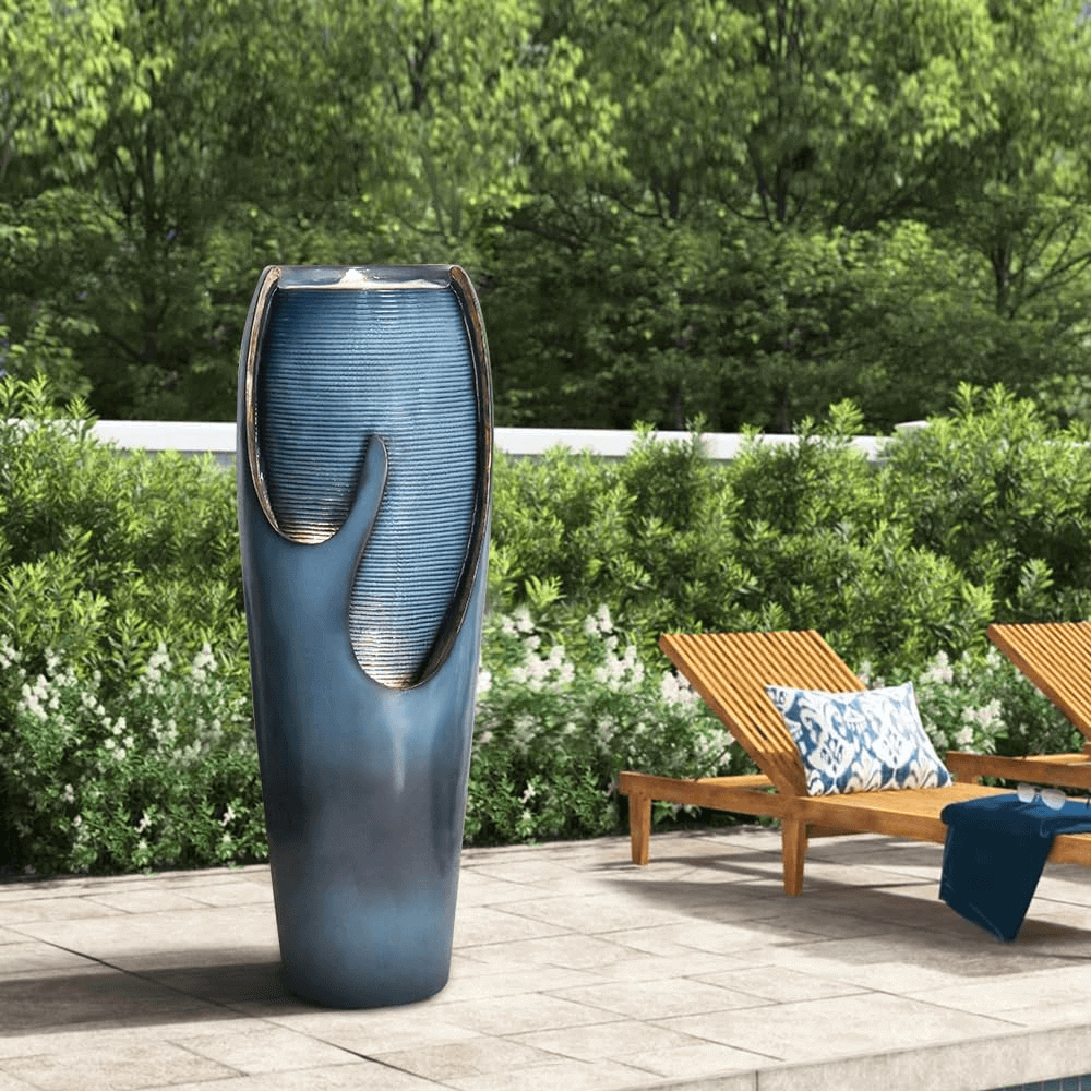 38.7-inch Fiber-Reinforced Concrete Modern Cylindrical Fountain by the Poolside