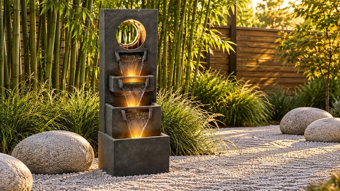 Dark panel fountain with a lit circular opening framing bamboo behind it, standing on raked gravel