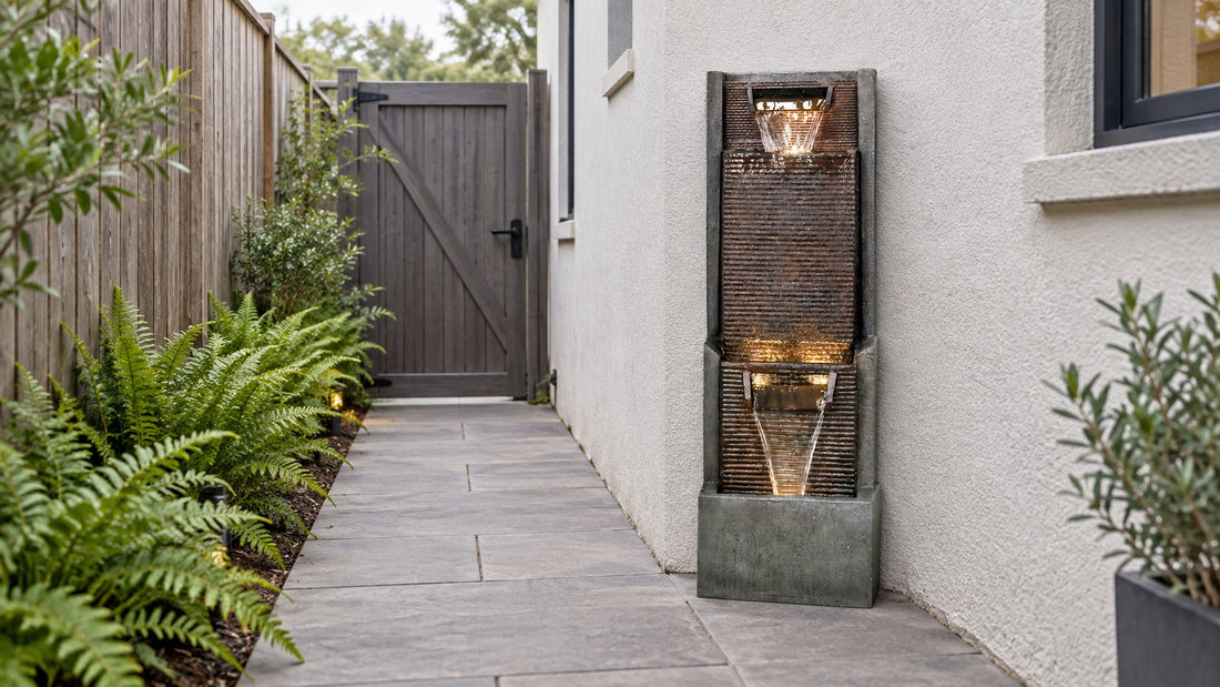 Tall ribbed wall fountain running against a house wall in a narrow side passage lined with ferns