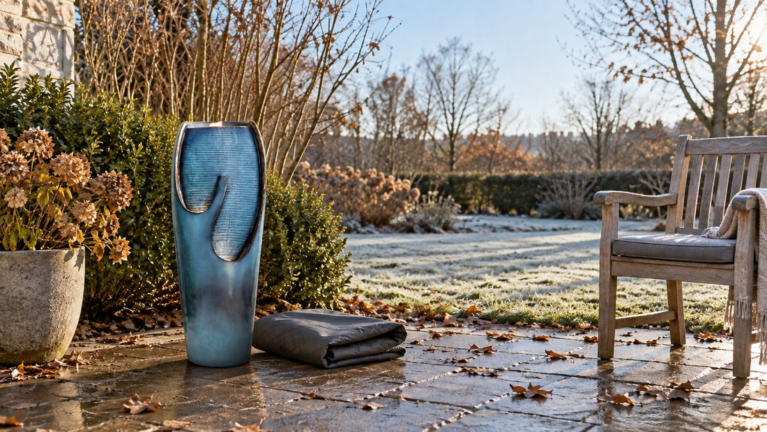 Teal jar fountain drained for winter on a frosty patio with a folded cover beside it