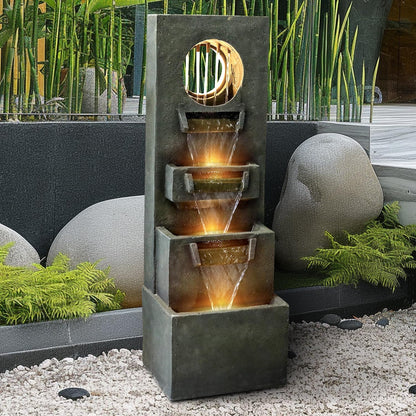 39.3 Inch Fiber Concrete 4-Tier Fountain with LED Lights - Full View