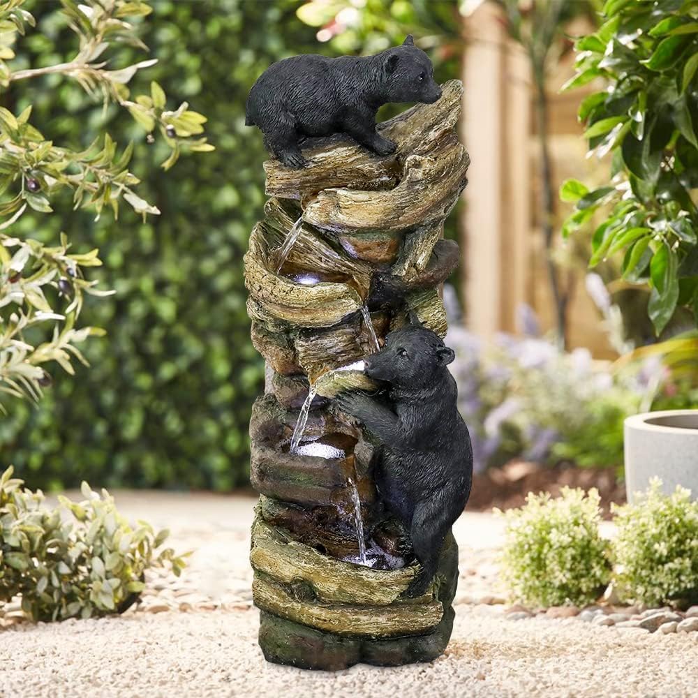 39.3 inch tall two bears playing tree garden fountain in a woodland landscape
