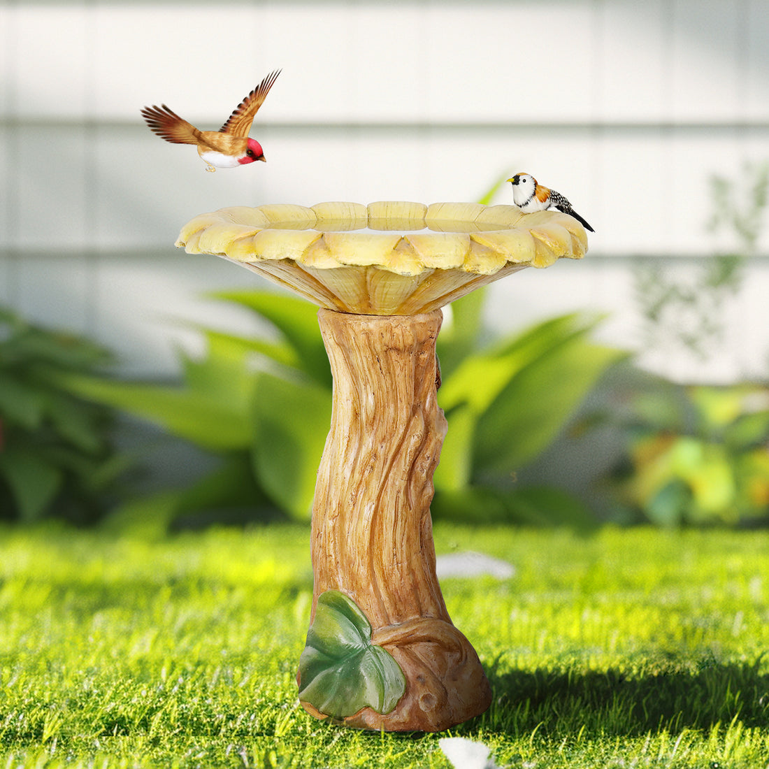 24.4&quot;H Concrete Outdoor Bird Bath with Sunflower Bowl and Woodtone Pedestal - Garden Decor