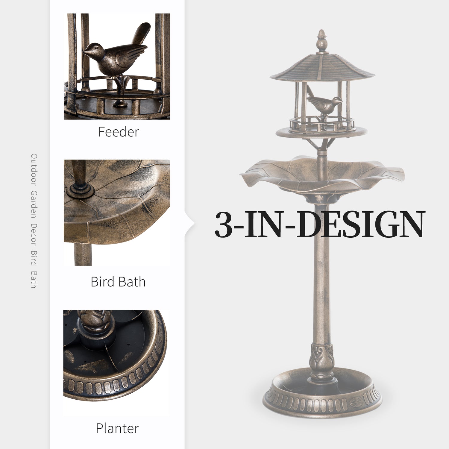 3-in-1 design of bird bath with feeder and flower planter functions