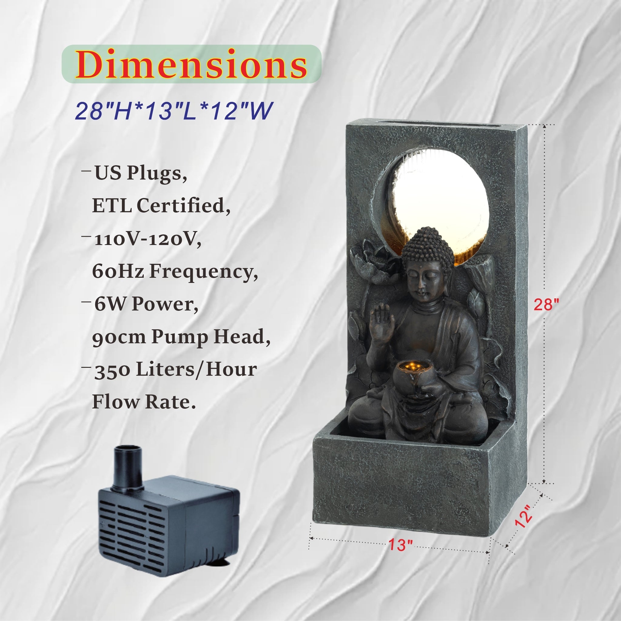 Resin Buddha Wall Panel Outdoor Fountain 28 Inch close up of water flow