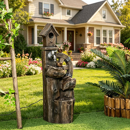 Resin Rustic Outdoor Fountain Birdhouse and Iron Tap in garden setting