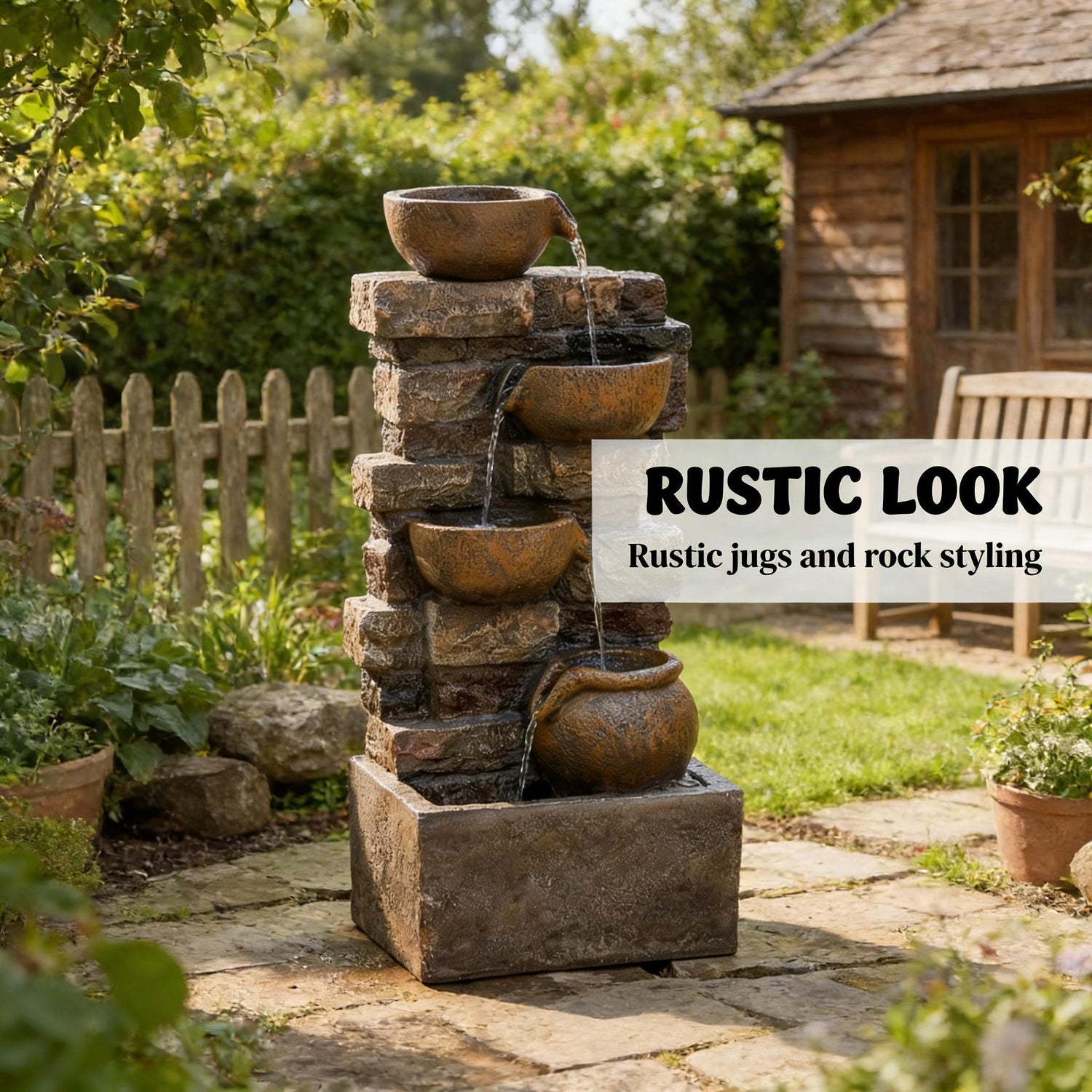 Resin Stacked Stone Bowl Cascade Fountain 28 Inch dimensions and size