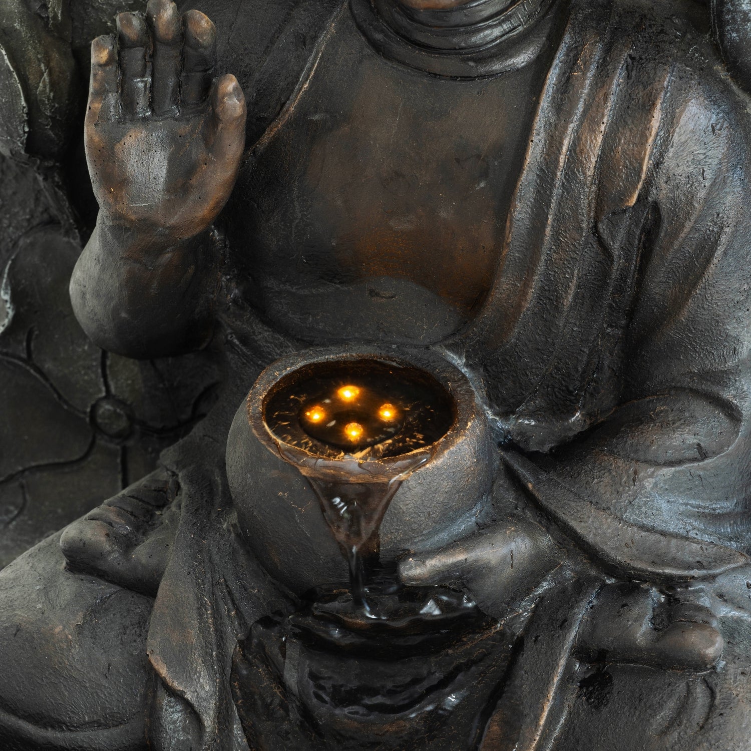 Resin Buddha Wall Panel Outdoor Fountain 28 Inch on patio