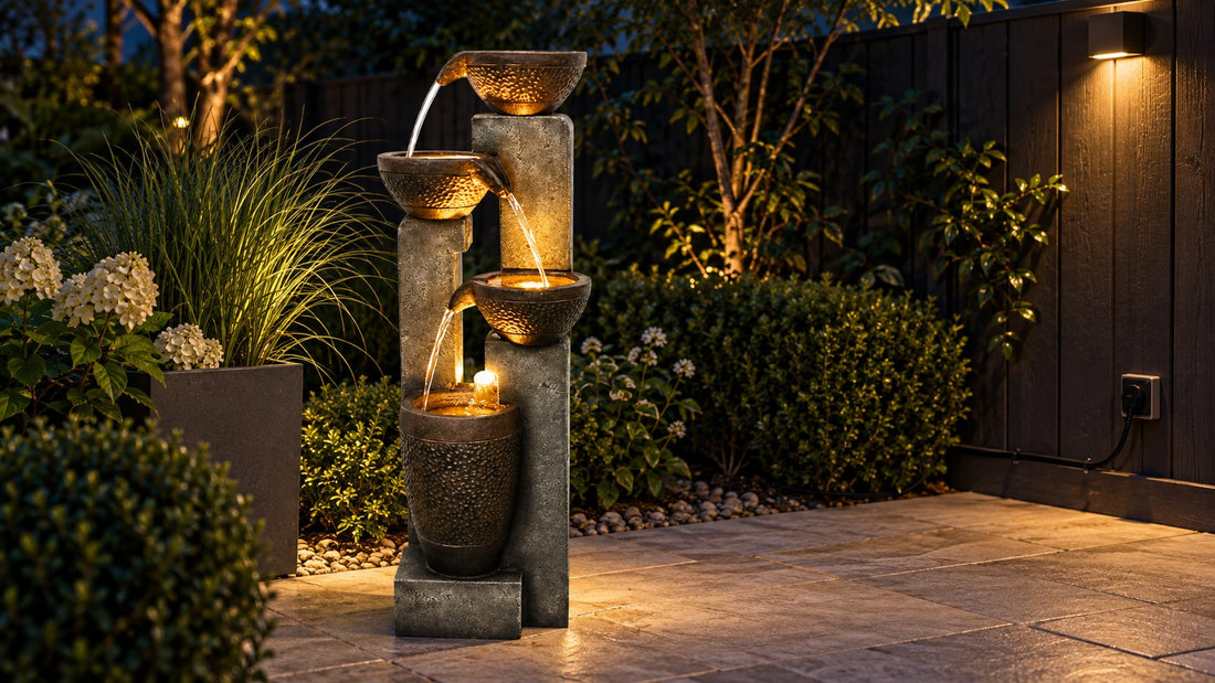 Stacked bowl fountain glowing from within after dark, power cord running along the fence to an outlet