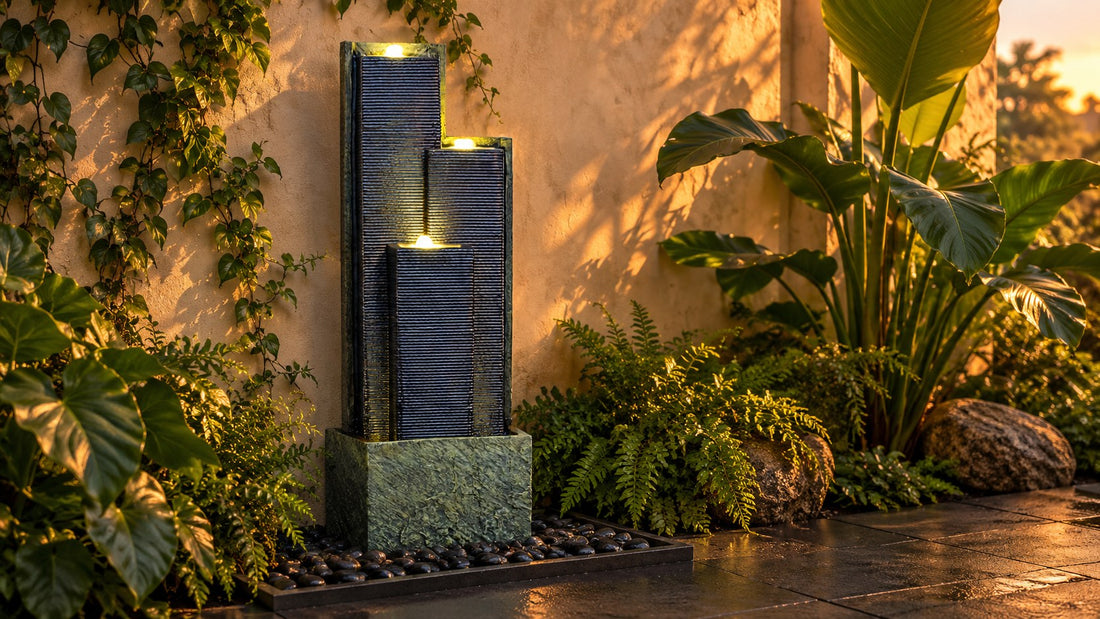 Three staggered slate columns with unbroken sheets of water running down each face, lit from the top
