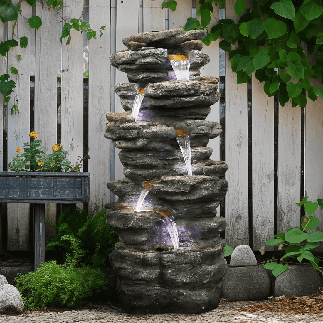 40.5 inch 6-tier cascading waterfall fountain enhancing a peaceful backyard landscape