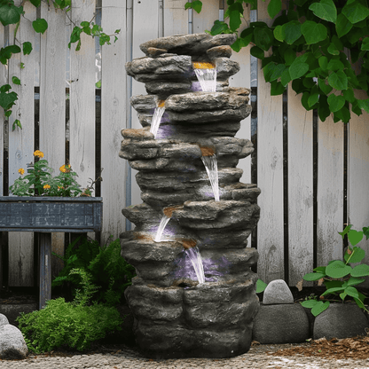 40.5 inch 6-tier cascading waterfall fountain enhancing a peaceful backyard landscape