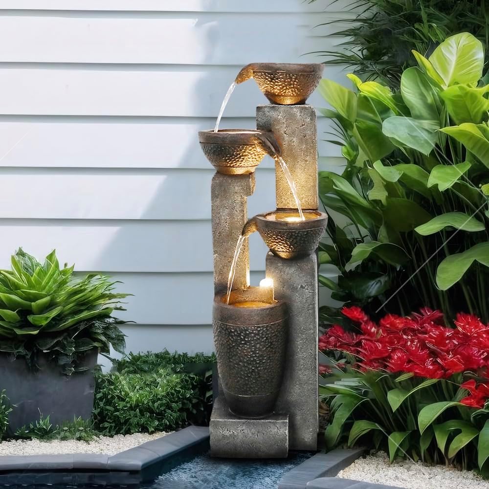 Resin Stacked Clay Pot Outdoor Water Fountain 40 Inch LED lit at night