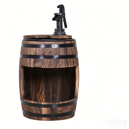 Wood and Iron Barrel Pump Fountain Planter 23 Inch material texture detail