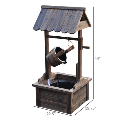 Carbonized Wood Wishing Well Outdoor Fountain 44 Inch LED lit at night