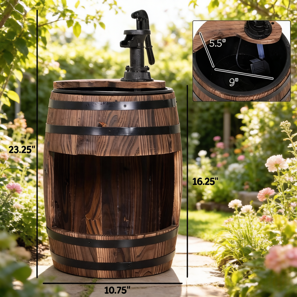 Wood and Iron Barrel Pump Fountain Planter 23 Inch close up of water flow