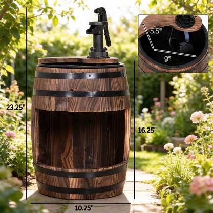 Wood and Iron Barrel Pump Fountain Planter 23 Inch close up of water flow