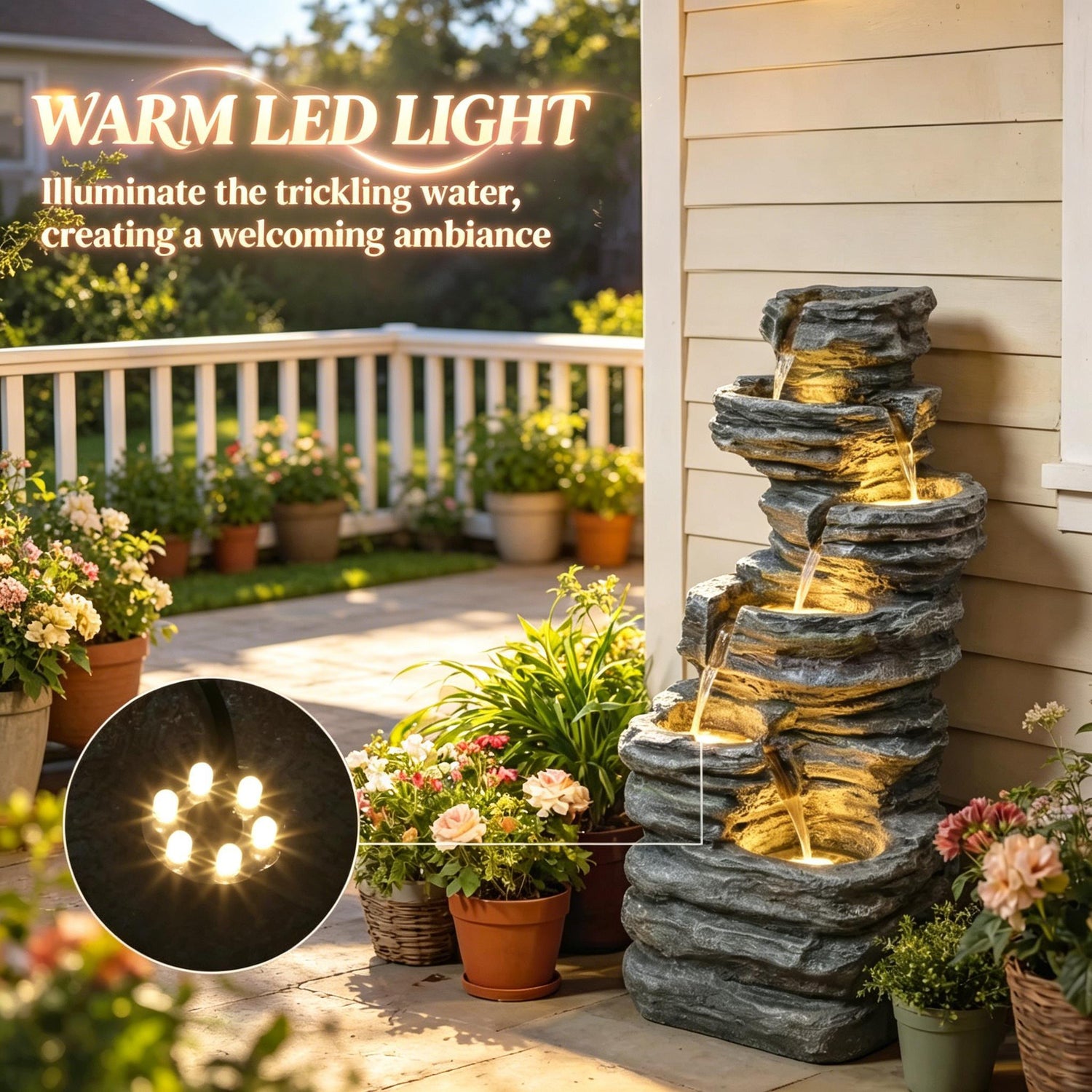 Resin 6 Tier Rock Cascade Outdoor Fountain 40 Inch dimensions and size